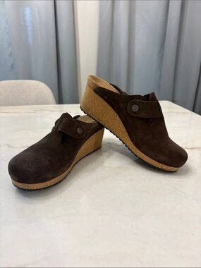 Papillio Dark Brown Leather Suede Slip-On Clog with Buckle
